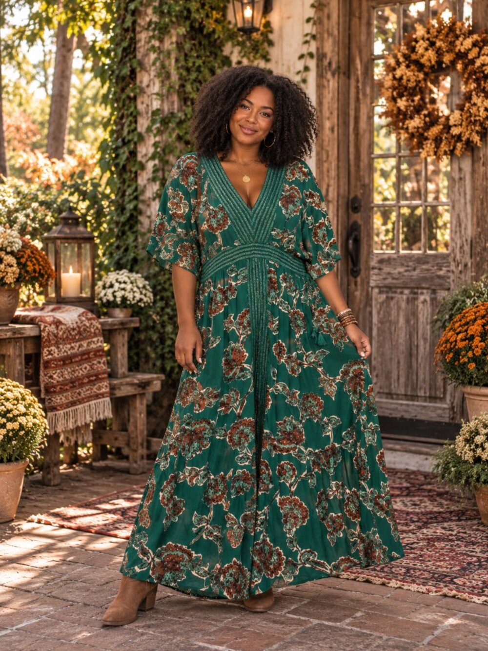 Knox Rose Green Floral Boho Maxi Dress